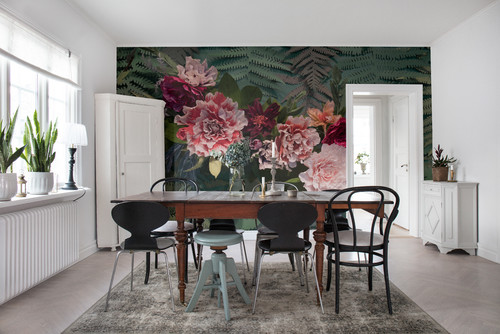 bold botanical print wallpaper in a dining room
