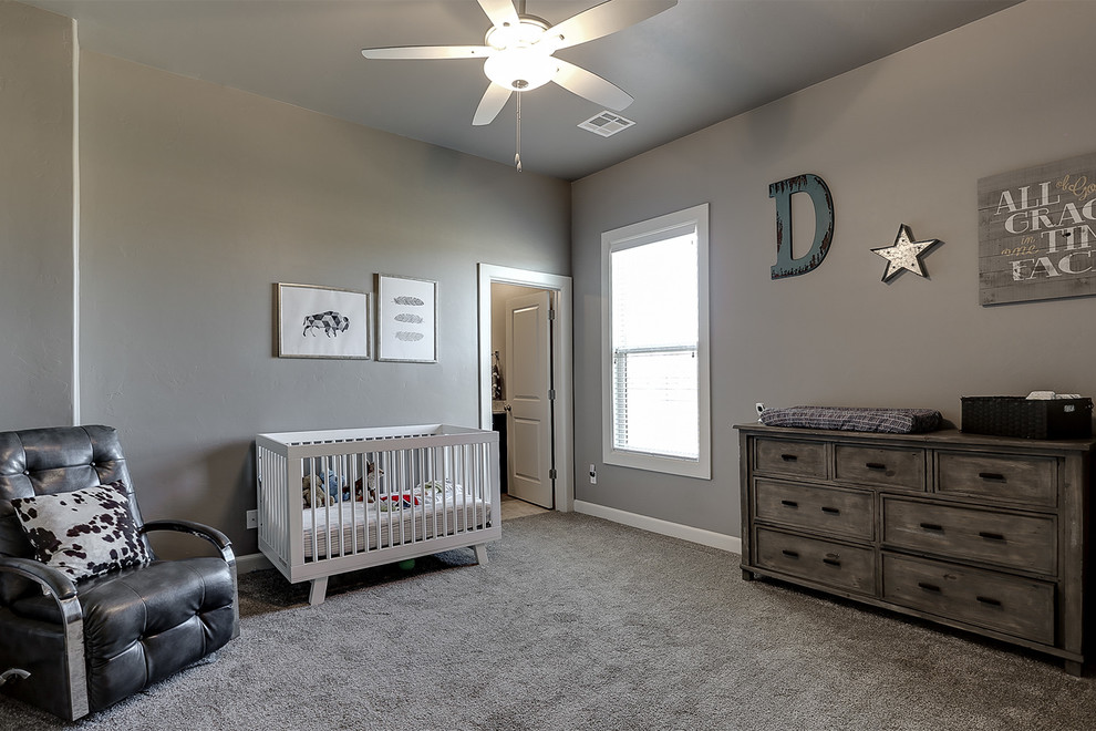 Inspiration for a medium sized rustic nursery for boys in Oklahoma City with grey walls, carpet and grey floors.