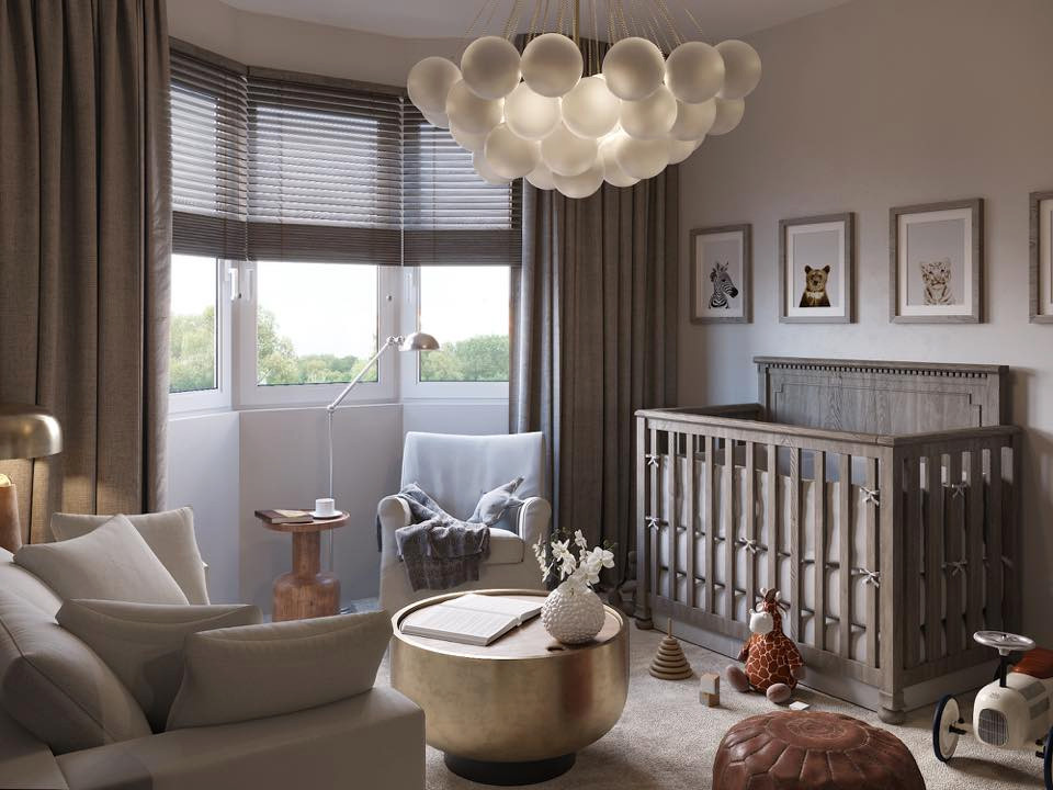 Diseño de habitación de bebé neutra nórdica de tamaño medio con paredes beige, moqueta, suelo gris y papel pintado