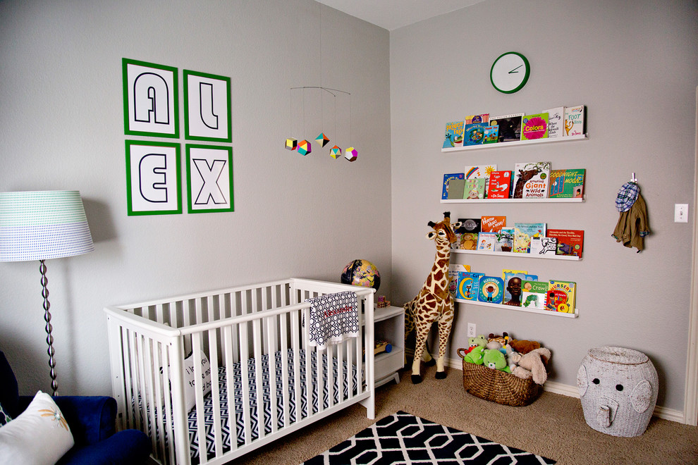 Design ideas for a medium sized modern nursery for boys in Dallas with grey walls and carpet.