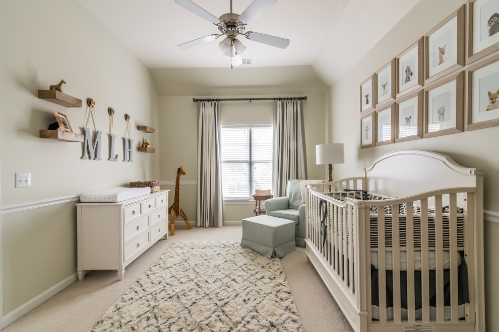 Inspiration for a transitional gender-neutral carpeted and beige floor nursery remodel in Atlanta with beige walls