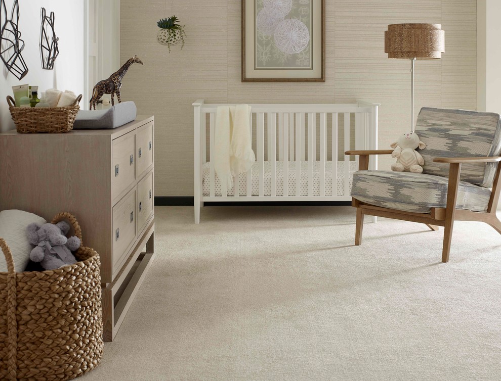 Nursery - mid-sized contemporary gender-neutral carpeted and white floor nursery idea in Phoenix with beige walls