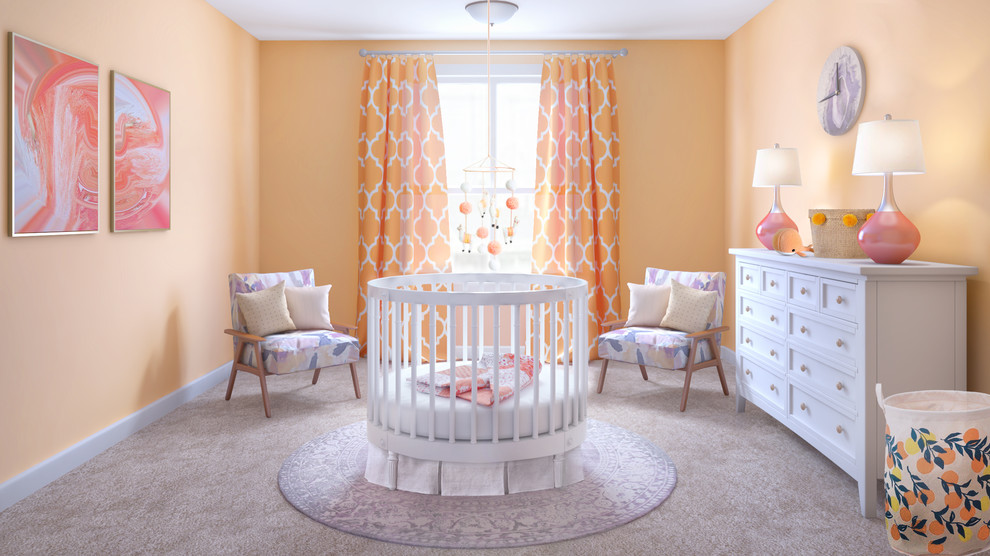 Inspiration for a small transitional girl carpeted and beige floor nursery remodel in Los Angeles with orange walls
