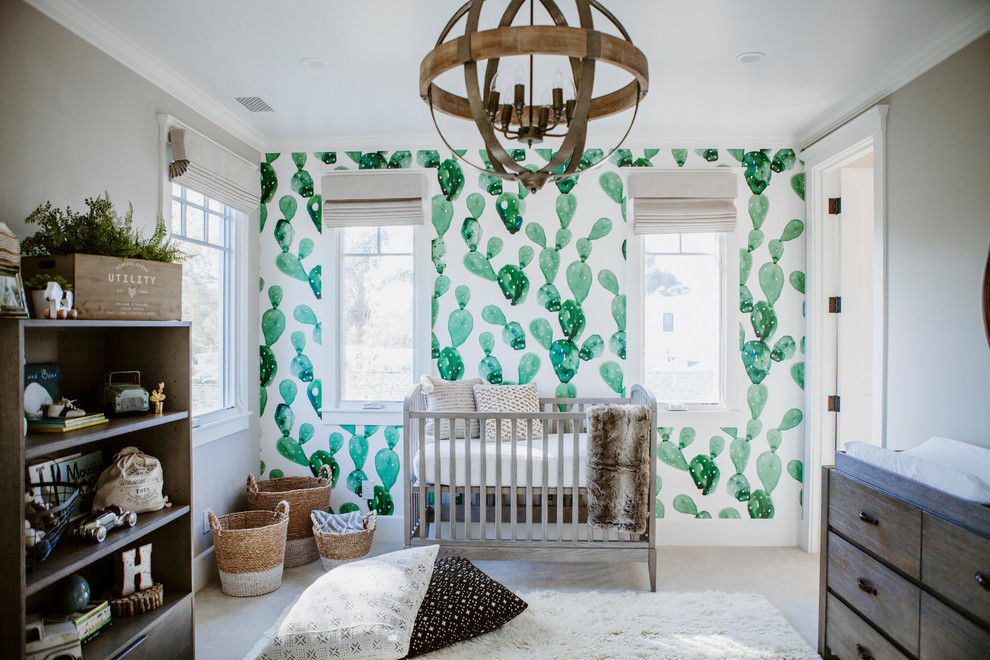 Photo of a medium sized traditional nursery for boys in San Diego with grey walls, carpet and white floors.