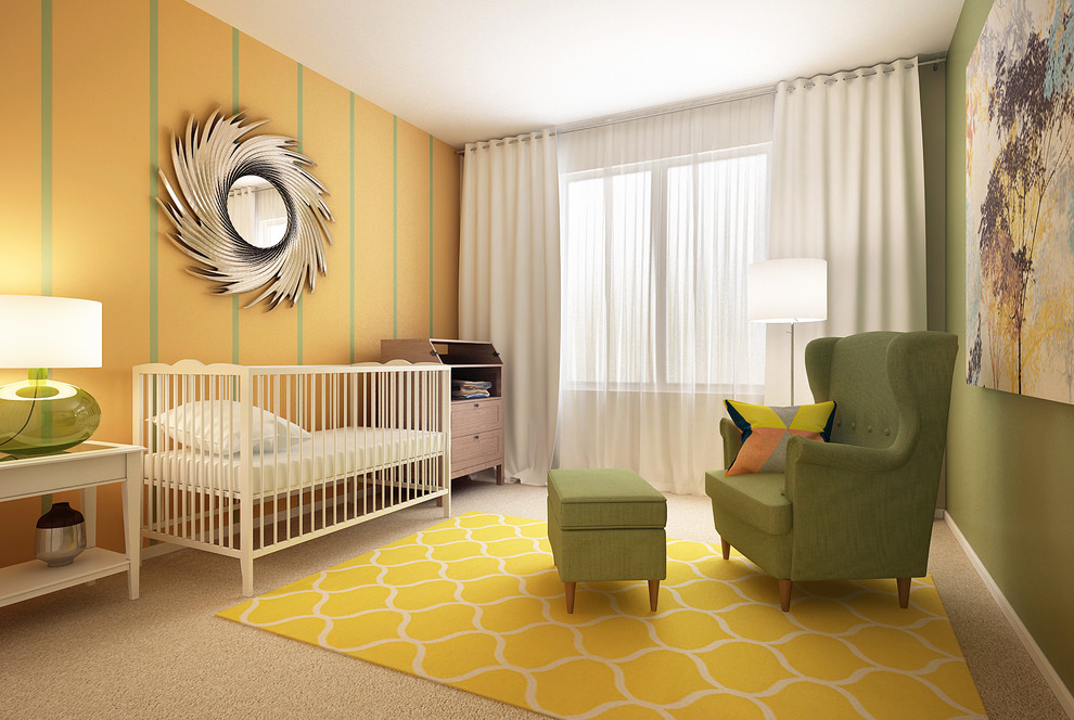 Immagine di una cameretta per neonati neutra design di medie dimensioni con pareti multicolore e pavimento in legno massello medio