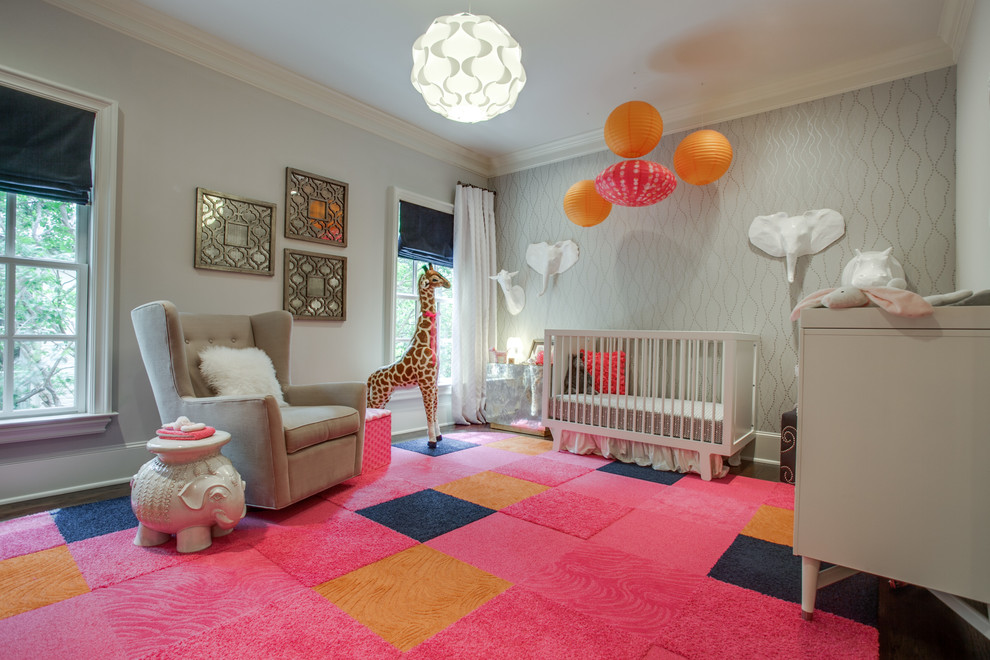 Large transitional girl multicolored floor nursery photo in Dallas with gray walls