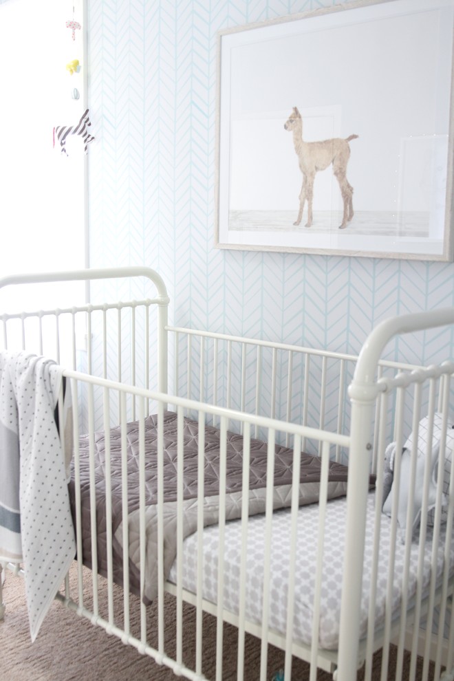 Blue and White Nursery featuring Blue Herringbone Wallpaper