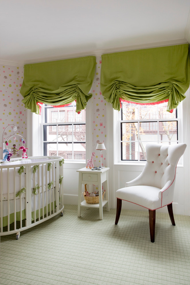 Elegant girl carpeted nursery photo in Boston with multicolored walls