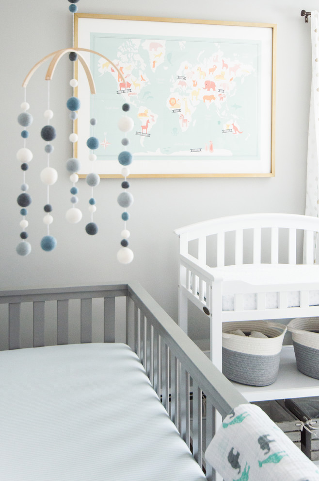 На фото: комната для малыша среднего размера в стиле лофт с серыми стенами и паркетным полом среднего тона для мальчика с