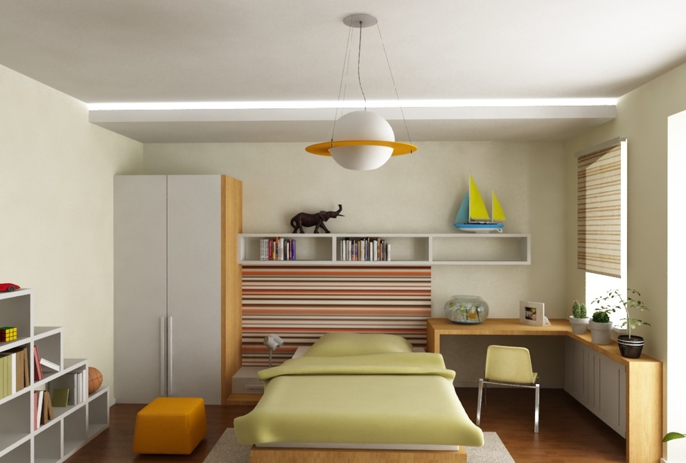 Immagine di una cameretta per neonato minimalista di medie dimensioni con pareti beige e pavimento in legno massello medio