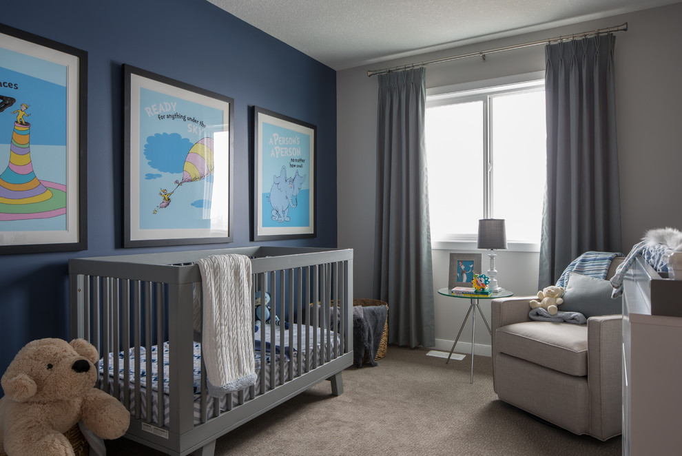 Inspiration for a transitional carpeted and gray floor nursery remodel in Calgary with blue walls