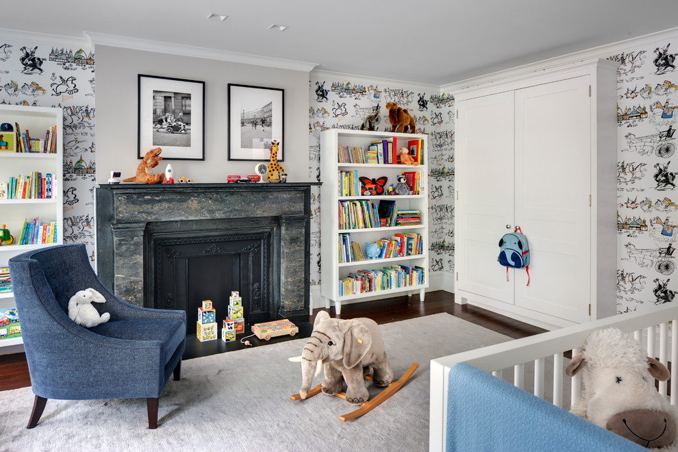Inspiration for a classic gender neutral nursery in New York with multi-coloured walls, medium hardwood flooring, brown floors and a chimney breast.