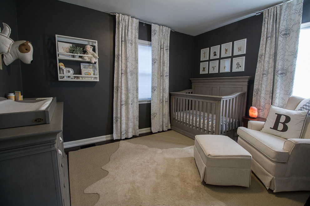 Mid-sized transitional gender-neutral dark wood floor and brown floor nursery photo in Cleveland with gray walls