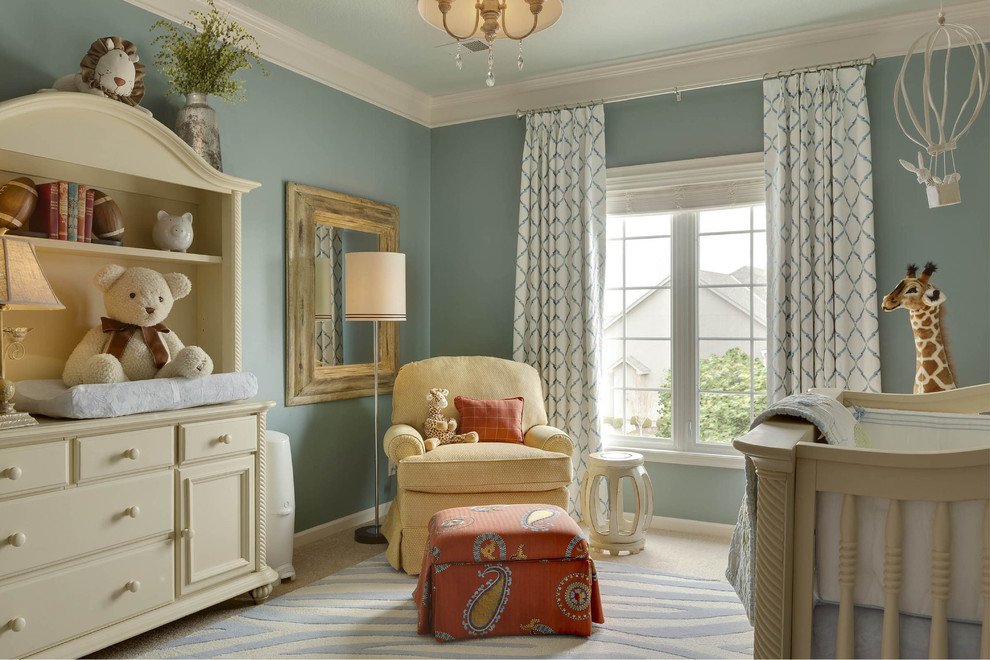 Inspiration for a mid-sized timeless gender-neutral carpeted nursery remodel in Kansas City with blue walls
