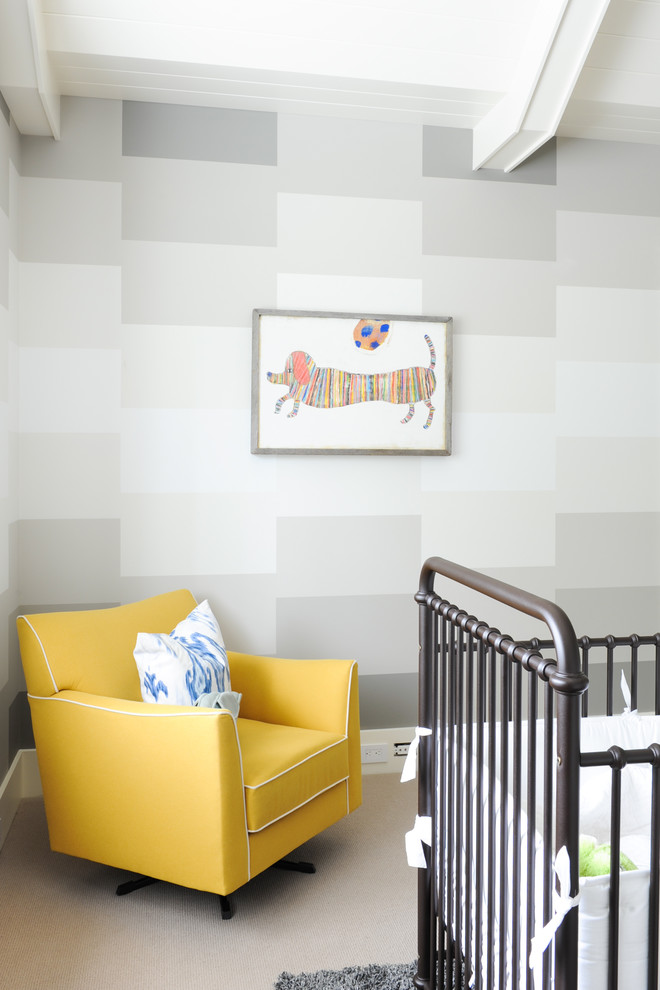 Design ideas for a medium sized modern nursery in Vancouver with multi-coloured walls, carpet and white floors.