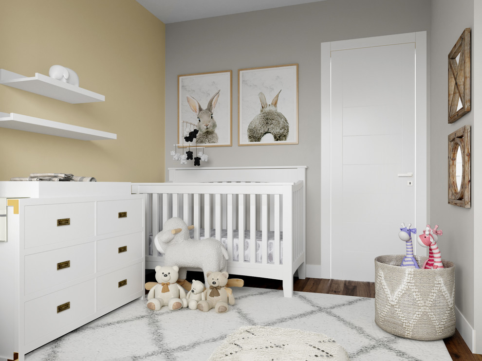 Small transitional gender-neutral medium tone wood floor and brown floor nursery photo in Denver with gray walls