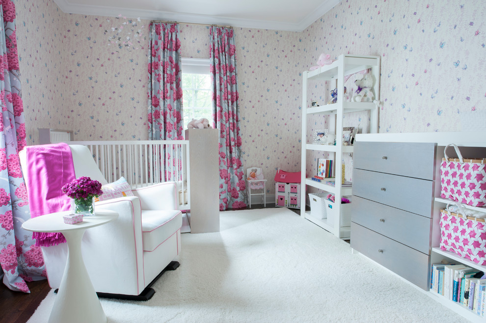 This is an example of a traditional nursery for girls in New York with multi-coloured walls.