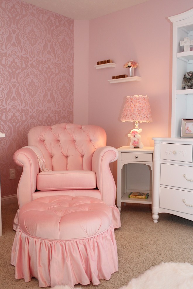 Inspiration for a medium sized classic nursery for girls in Indianapolis with pink walls, carpet and beige floors.