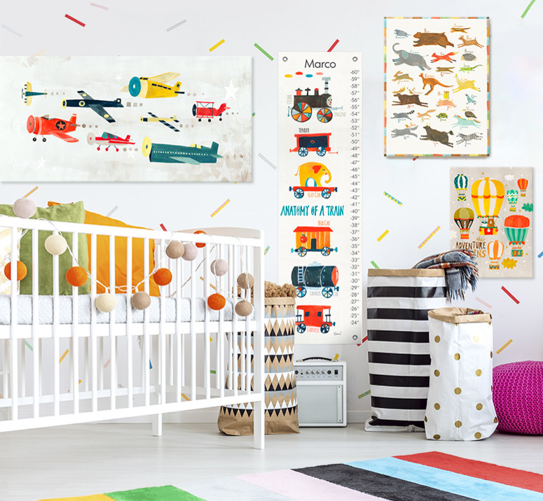 This is an example of a bohemian nursery for boys in San Diego with white walls and porcelain flooring.