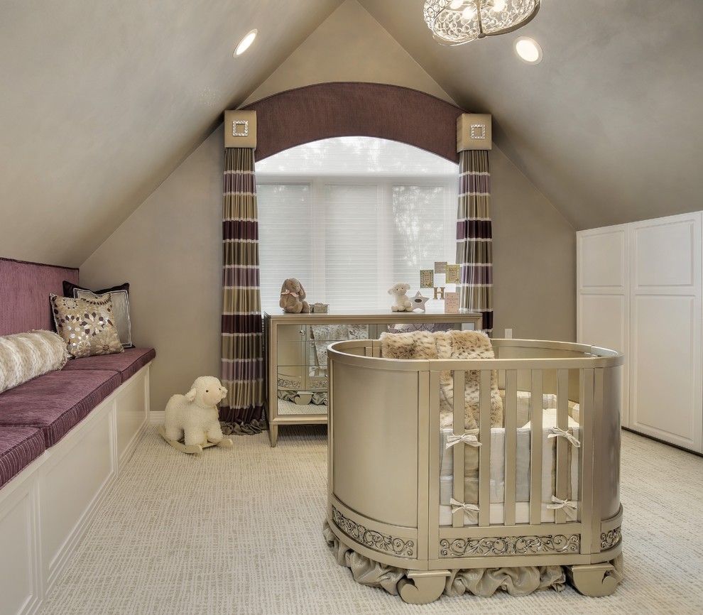 Inspiration for a large contemporary gender-neutral carpeted and beige floor nursery remodel in Chicago with beige walls