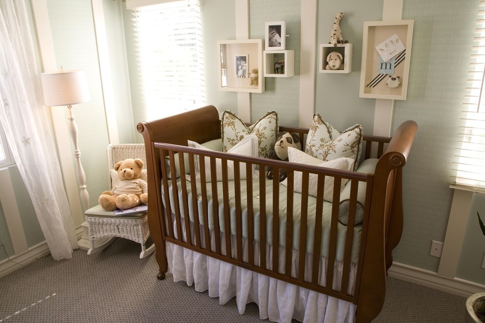 This is an example of a large classic gender neutral nursery in Dallas with green walls and carpet.