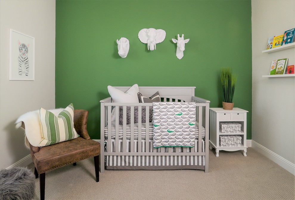Nursery - mid-sized country gender-neutral carpeted and beige floor nursery idea in Sacramento with green walls