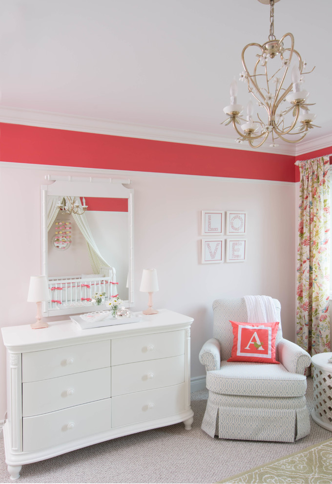 Shabby-chic style nursery for girls in Toronto with pink walls.