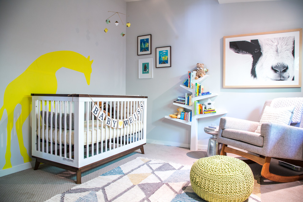 Retro gender neutral nursery in Los Angeles with grey walls, carpet and beige floors.