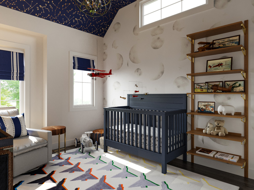 Идея дизайна: комната для малыша в стиле неоклассика (современная классика) с потолком с обоями и обоями на стенах для мальчика