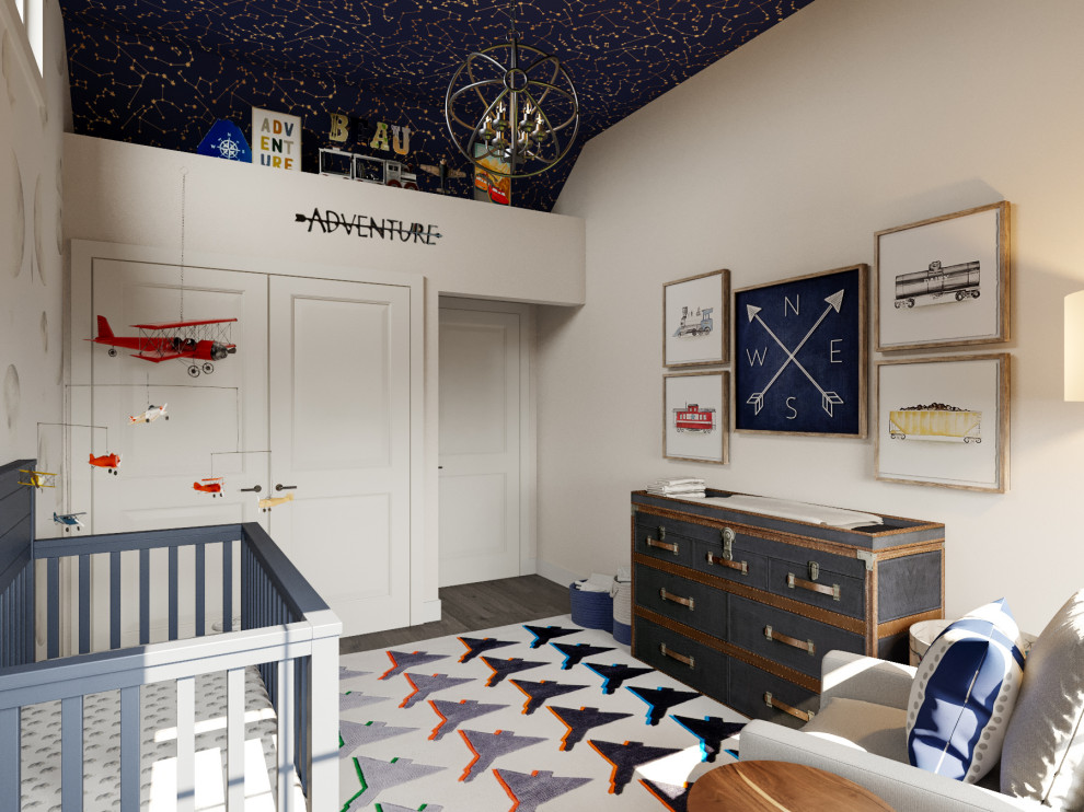 Источник вдохновения для домашнего уюта: комната для малыша в стиле неоклассика (современная классика) с потолком с обоями и обоями на стенах для мальчика