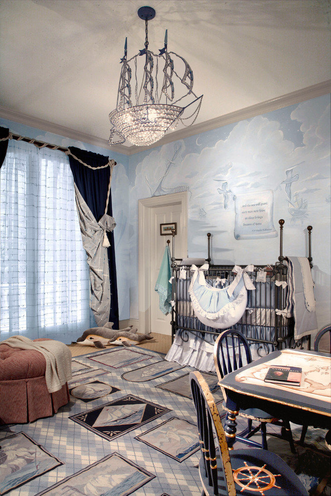This is an example of a medium sized beach style nursery in New York.