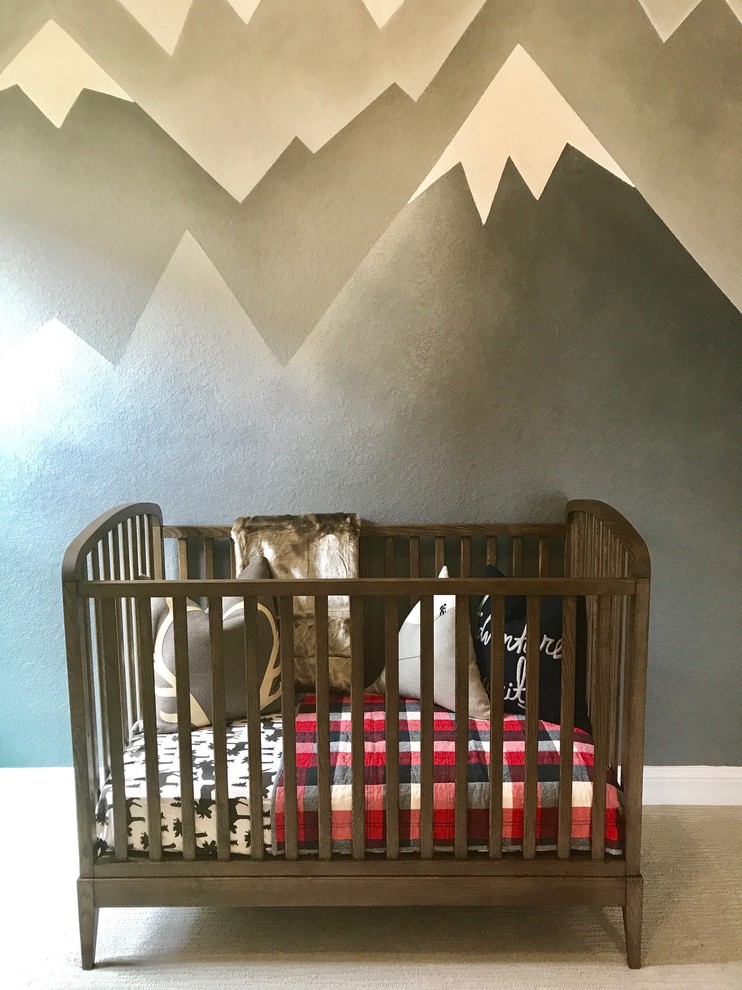 Design ideas for a rustic nursery for boys in Dallas with grey walls, carpet and grey floors.