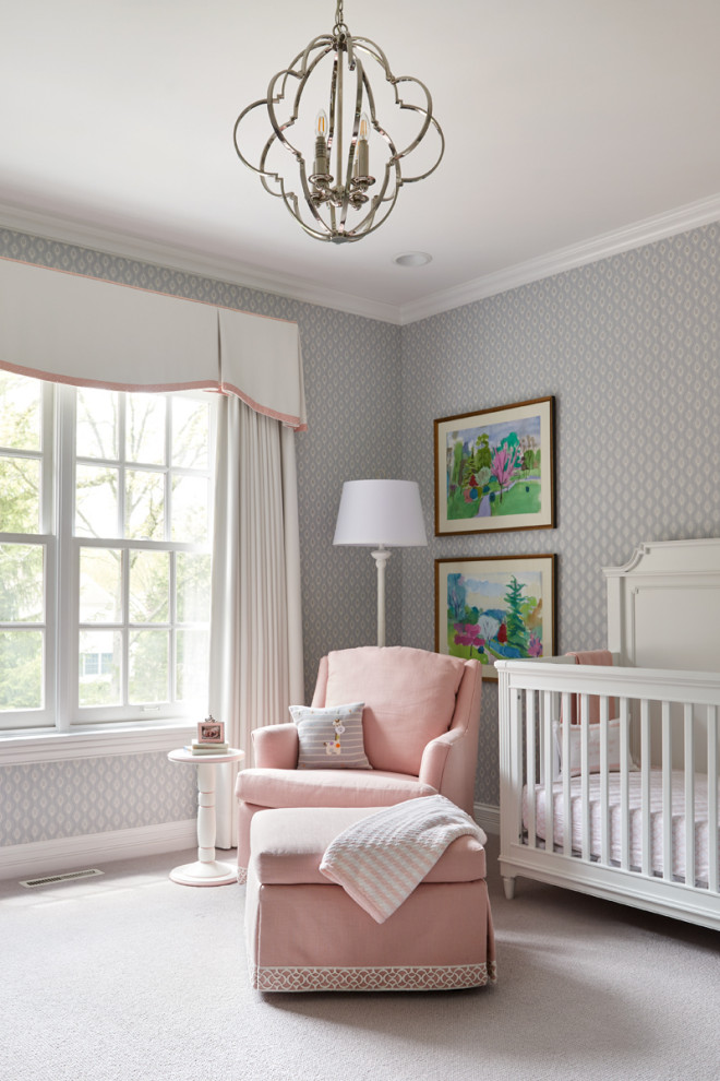 На фото: комната для малыша в классическом стиле с серыми стенами, ковровым покрытием, серым полом и обоями на стенах с