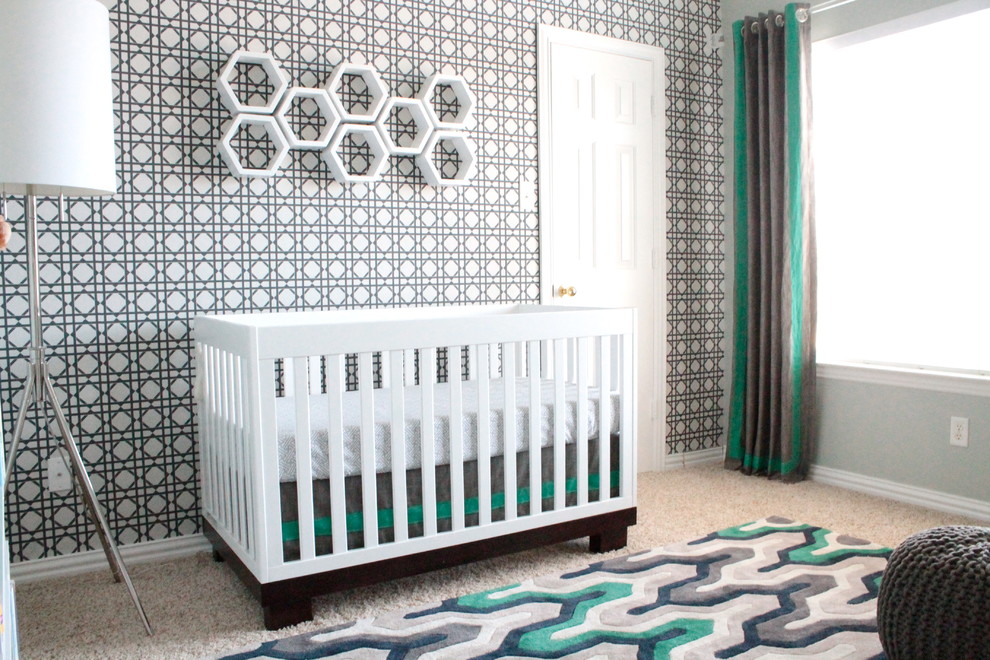 Mid-sized trendy boy carpeted nursery photo in Dallas with multicolored walls