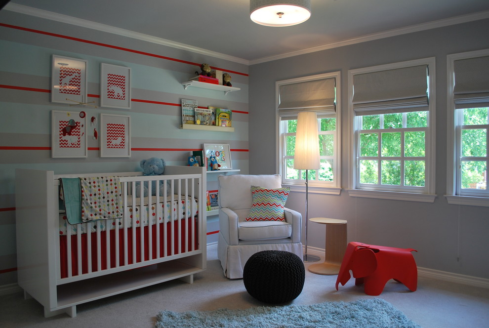 Photo of a medium sized contemporary gender neutral nursery in Atlanta with multi-coloured walls and carpet.