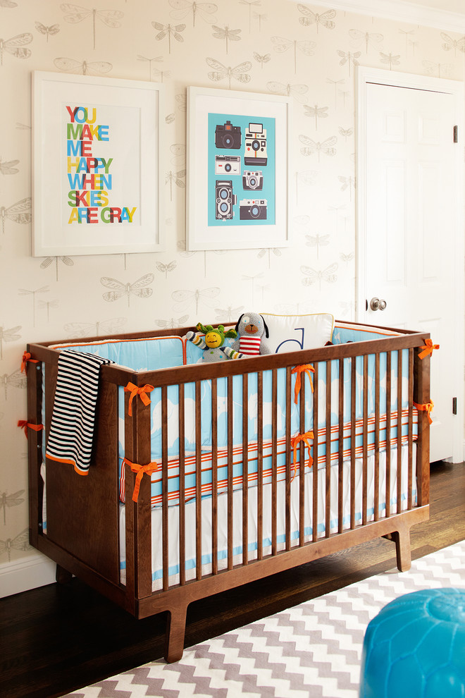 Nursery - mid-sized scandinavian gender-neutral dark wood floor nursery idea in San Francisco with beige walls