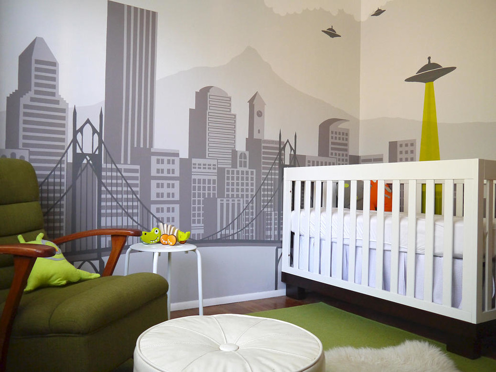 Идея дизайна: нейтральная комната для малыша в стиле ретро