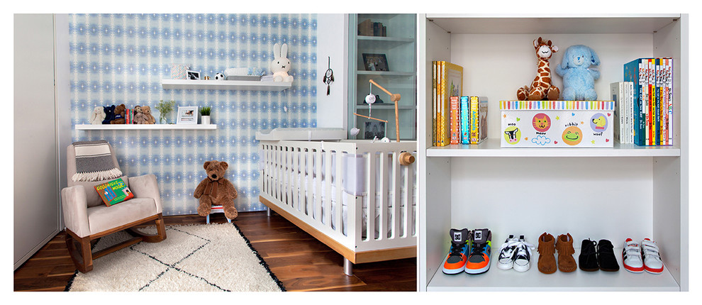 Design ideas for an industrial nursery for boys in New York with white walls.