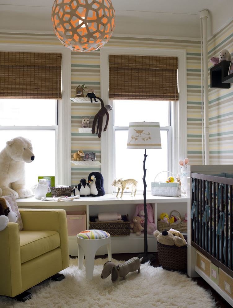 Inspiration for a transitional gender-neutral nursery remodel in New York with multicolored walls