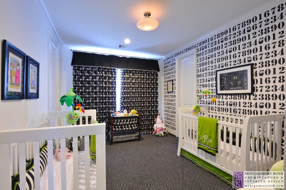 This is an example of a medium sized contemporary gender neutral nursery in Houston with multi-coloured walls and carpet.
