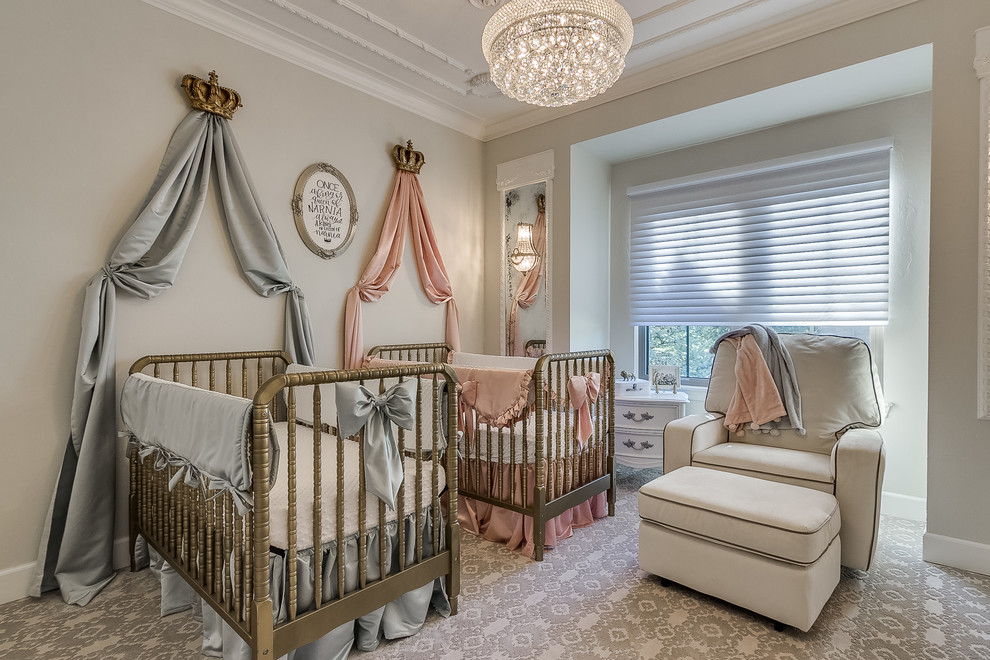 This is an example of a victorian nursery in Oklahoma City with grey walls, carpet, multi-coloured floors and feature lighting.