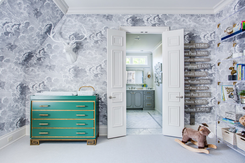 Idéer för att renovera ett vintage könsneutralt babyrum, med grå väggar, heltäckningsmatta och grått golv