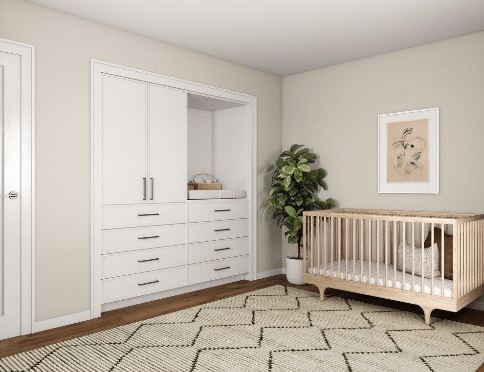 This is an example of a medium sized contemporary nursery in Other with white walls, medium hardwood flooring and brown floors.