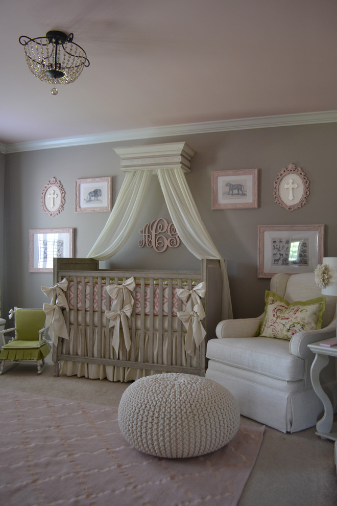 Inspiration for a classic nursery for girls in Atlanta with grey walls and carpet.