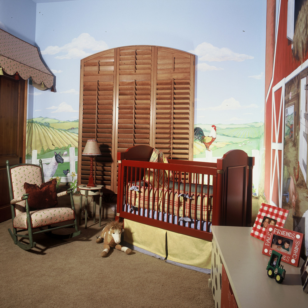 Nursery - cottage gender-neutral carpeted nursery idea in Phoenix with multicolored walls