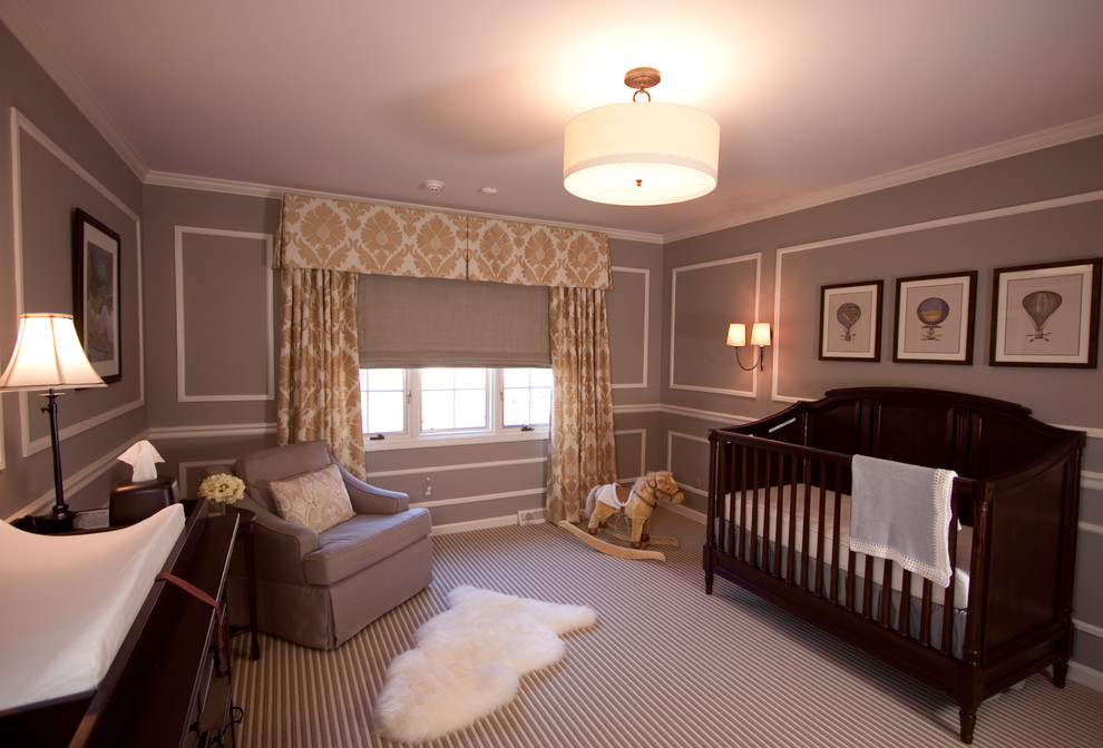 Nursery - traditional gender-neutral carpeted nursery idea in Cleveland with gray walls