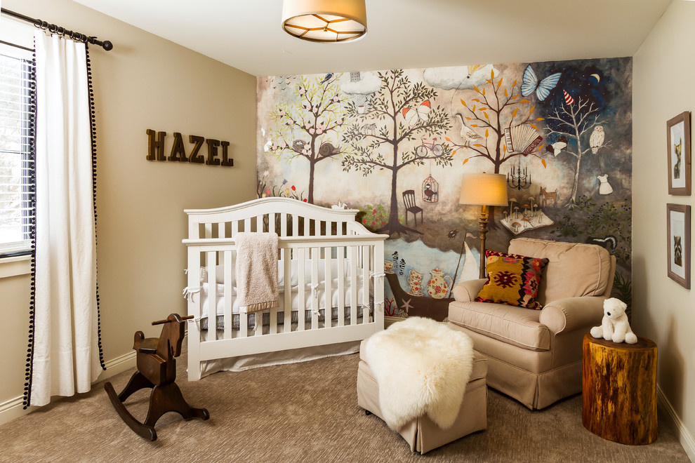 Farmhouse nursery for girls in Minneapolis with beige walls, carpet, beige floors and a feature wall.