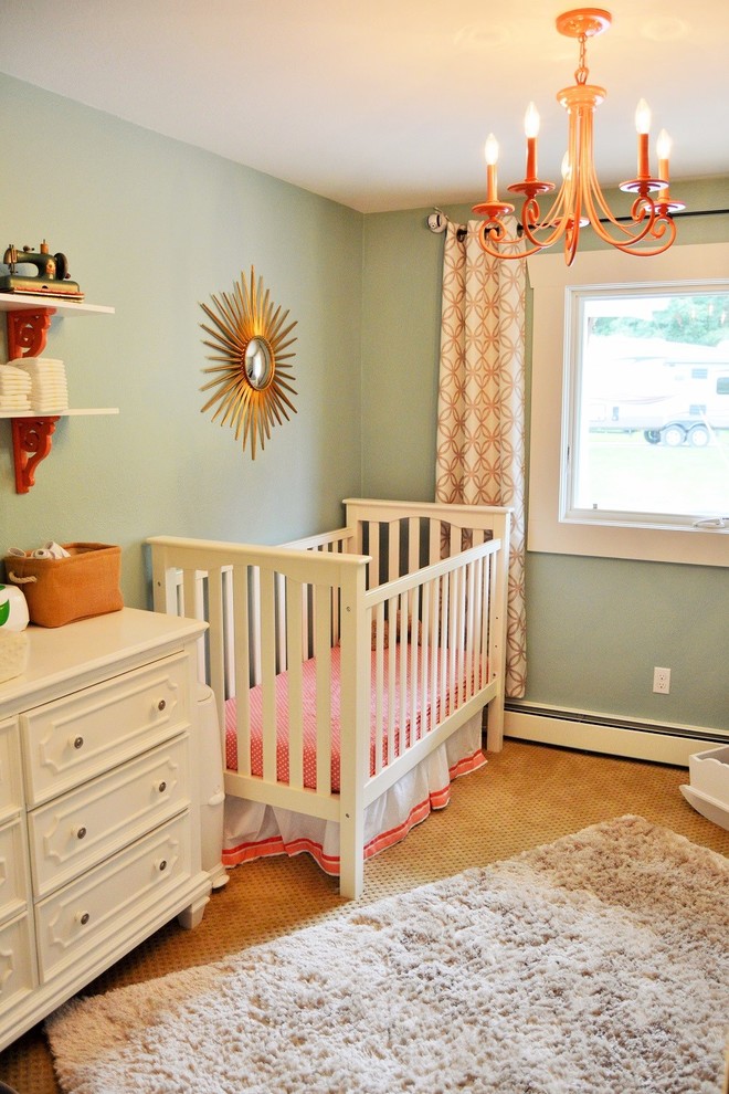 Nursery - mid-sized transitional girl carpeted and brown floor nursery idea in Other with gray walls