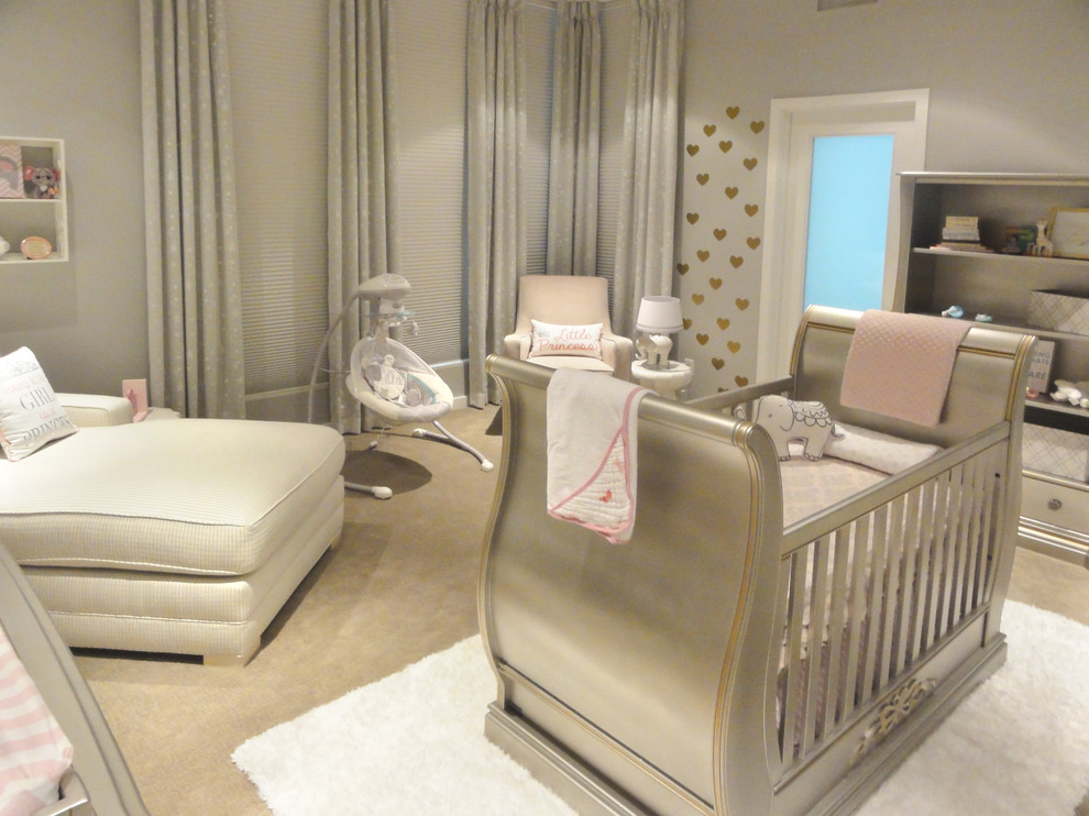 Inspiration for a medium sized modern nursery for girls in Philadelphia with grey walls and carpet.