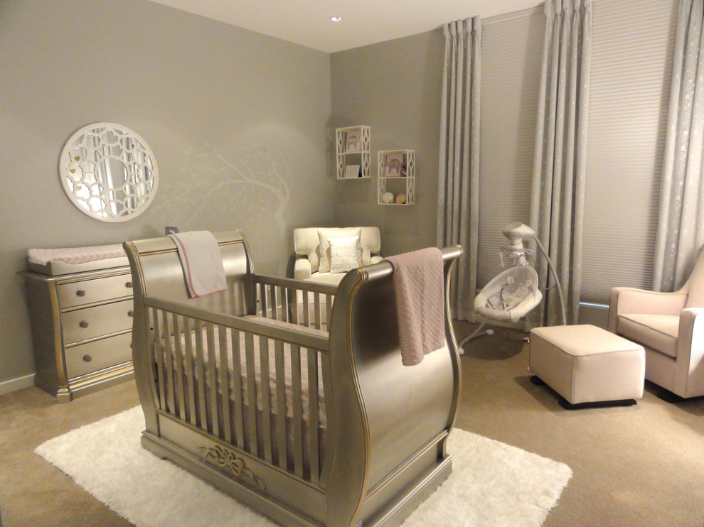 Example of a mid-sized minimalist girl carpeted nursery design in Philadelphia with gray walls